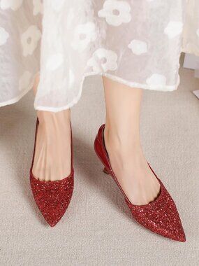 Women's Red Kitten High Heels 2 Inch Sequin Pointed Toe Leather Pumps Shoes